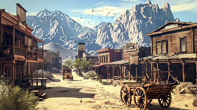 Carriage in the old town on mountains background. Seamless looping time-lapse 4k video animation background