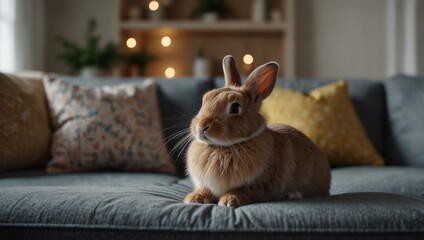 Cute little bunny on the sofa posing to the camera on blurred modern home background, copy space on empty sofa, slow life with pet lifestyle, modern Easter backgrounds.