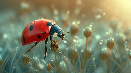 A detailed photograph of a ladybug crawling on a blade of grass, its red shell dotted with black spots vividly displayed. The texture of the grass and the fine details of the ladybug's legs and