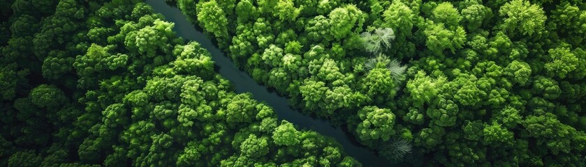 Naklejka premium Aerial view of lush green forest with winding river creating a serene and tranquil natural landscape.