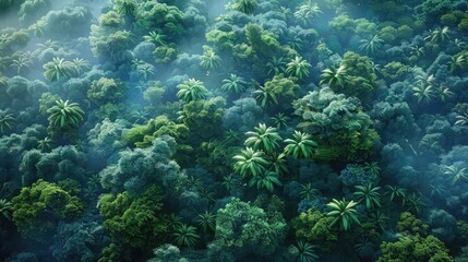 Fototapeta premium A breathtaking aerial view of a lush, dense tropical rainforest with vibrant green foliage under a misty, sunlit morning atmosphere.