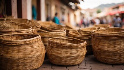 A pile of handmade traditional woven baskets made from straw, natural fiber, for sale at the outdoor market in Cuenca, Ecuador.