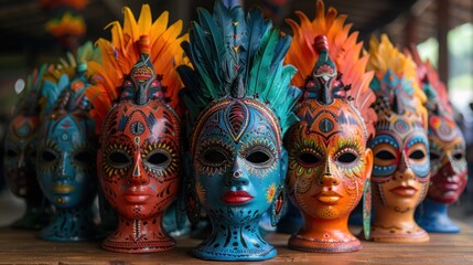 A vibrant, colorful display of traditional masks and costumes during a cultural heritage celebration. The intricate designs and vivid hues reflect centuries-old customs and beliefs, capturing the