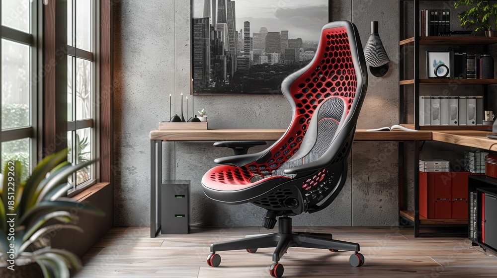 Poster an ergonomic gaming chair with a dynamic, aerodynamic silhouette designed for comfort and performanc
