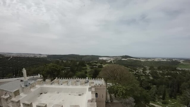Aerial FPV video over Beit Jamal Catholic Monastery, Israel The landmark is located near Beit Shemes
