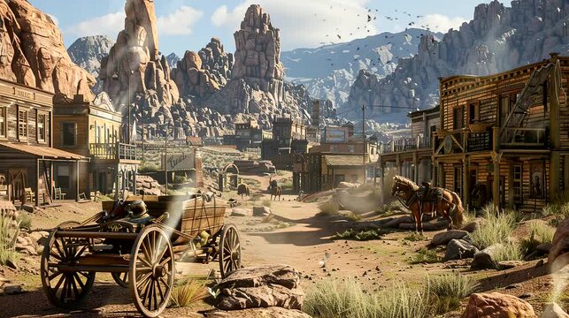 Old town on rocks mountains. Seamless looping time-lapse 4k video animation background