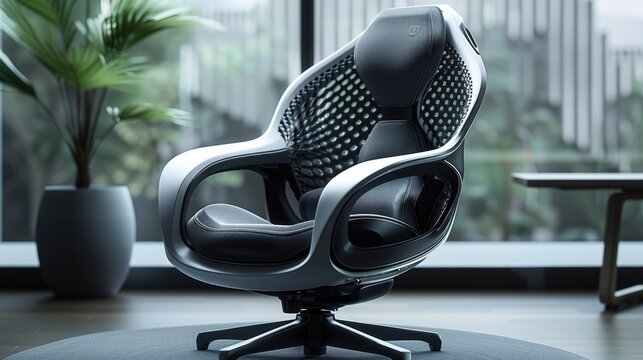 An ergonomic gaming chair with a dynamic, aerodynamic silhouette designed for comfort and performance. Its adjustable components and breathable materials reflect a commitment to both style and