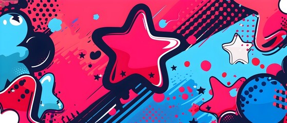 Obraz premium Vibrant Pop Art Style Poster Banner with Playful Cartoon Icons and Bright Colors