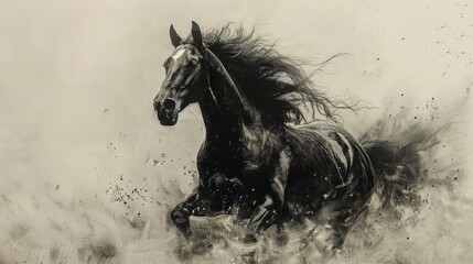 A realistic charcoal sketch of a dignified horse, mane flowing gracefully and muscles defined, embodying strength and elegance in a timeless black and white composition that showcases its majestic