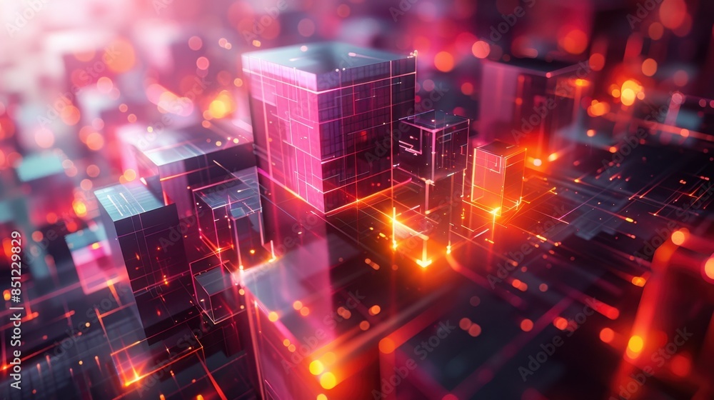 Aufkleber an abstract digital artwork featuring geometric shapes and vibrant colors reminiscent of 1980s arcad