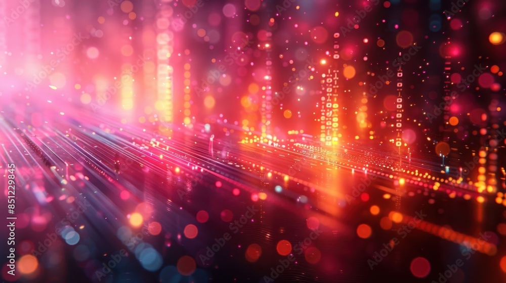 Aufkleber an abstract digital artwork featuring geometric shapes and vibrant colors reminiscent of 1980s arcad