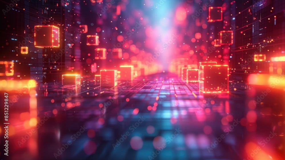 Aufkleber an abstract digital artwork featuring geometric shapes and vibrant colors reminiscent of 1980s arcad