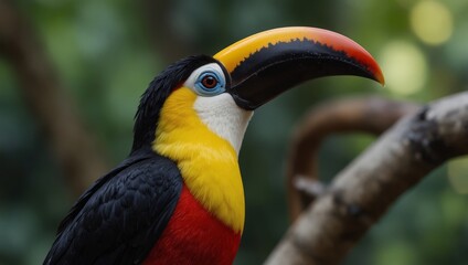 Fototapeta premium Close up of a high colored Toucan and its colorful beak in the aviary.