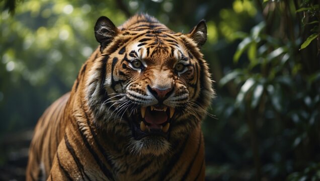 Close-up view of a tiger with an evil grin and jungle, explosive wildlife.