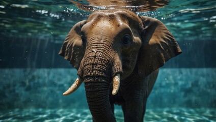 Funny elephant swimming under water in a summer pool, macro shot.
