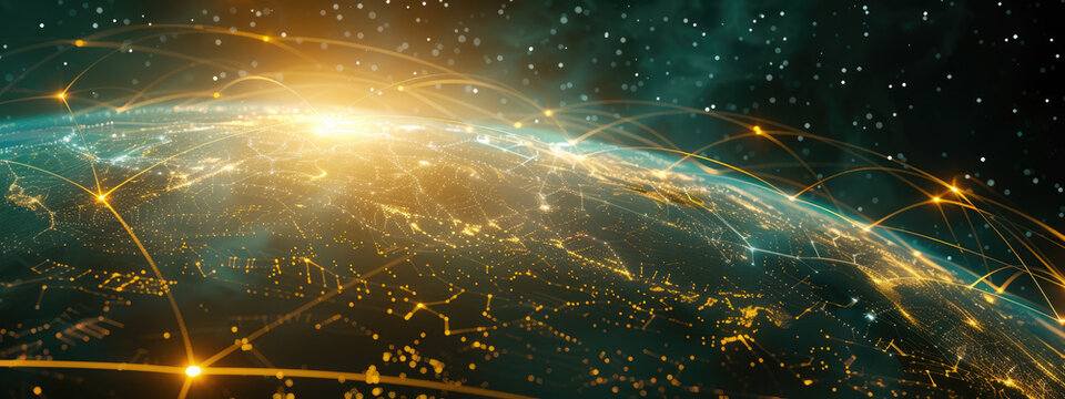 A glowing planet with a yellow network connecting cities.