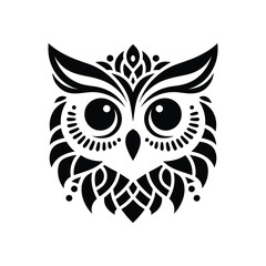 Artistic Owl Clipart: Black Silhouette of an Ornate Owl Face with Big Eyes