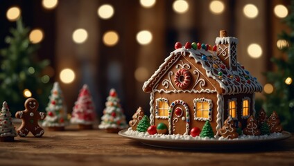Gingerbread house on the christmas table with copy space, Large tiered Christmas cake decorated with gingerbread cookies and a house on top Tree and garlands in the background.