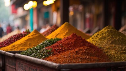 Colorful spices powders and herbs in traditional street market in Delhi India.