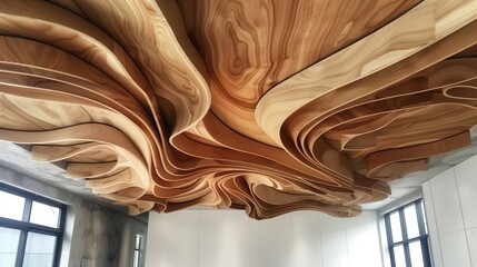 A stunning modern home ceiling design uses plywood panels in intricate patterns, enhancing the d&eacute;cor.