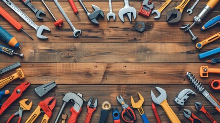 Vector flat illustration, Labor Day, USA America flag with many handy tools on wooden background. 