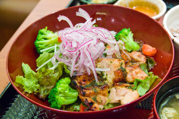 Teriyaki chicken on plate, Japanese cuisine.