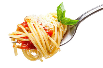 Spaghetti swirled to perfection with rich tomato sauce, Parmesan cheese, and fresh basil. Isolated on a white background