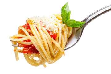 Spaghetti swirled to perfection with rich tomato sauce, Parmesan cheese, and fresh basil. Isolated on a white background