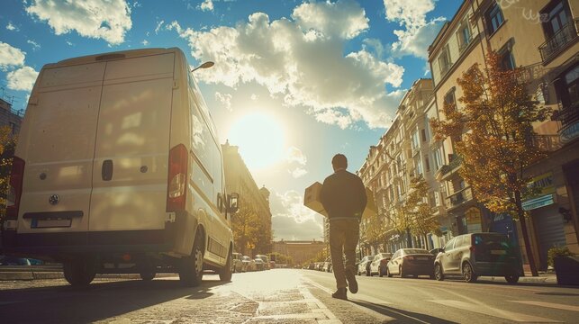 wide shot of delivery man walking from van to secure gate carrying parcel