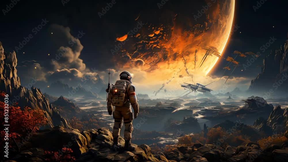 Poster astronaut in a spacesuit on an asteroid or planet moon in outer space