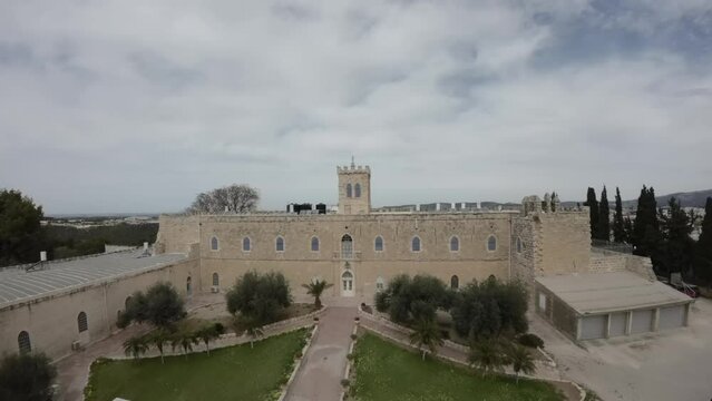 Aerial FPV video over Beit Jamal Catholic Monastery, Israel The landmark is located near Beit Shemes