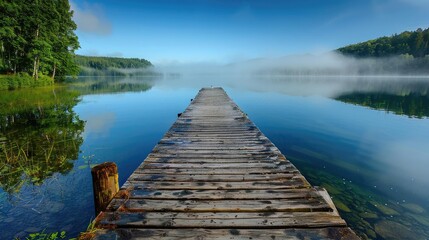 Tranquil morning at a wooden dock over a calm lake surrounded by lush greenery and misty hills under a clear blue sky.