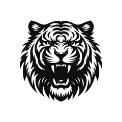 Aggressive Tiger Head Clipart – Stunning Black and White Wildlife Illustration