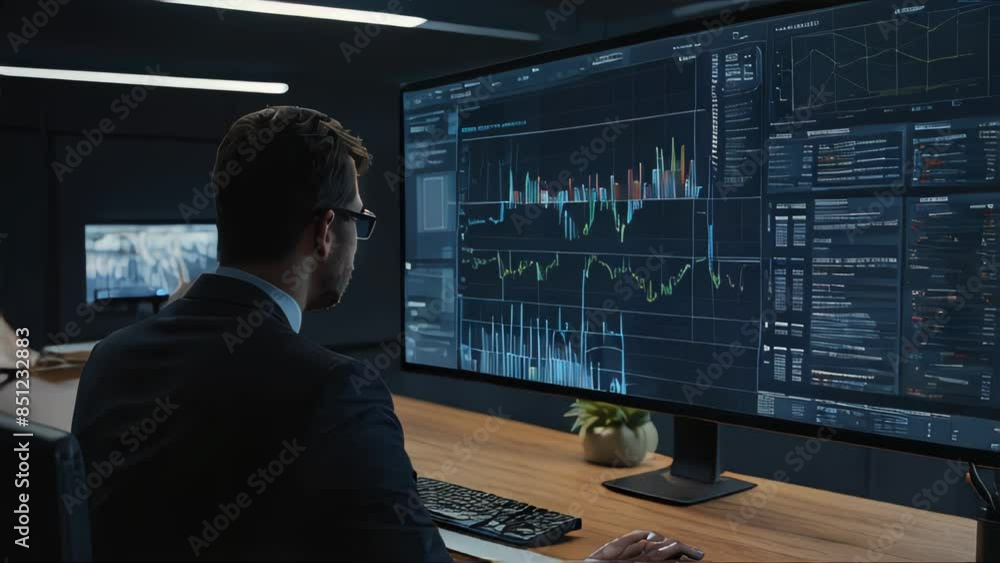 Poster back view data scientist analyzing big data, with visualizations on the screen, in a contemporary of