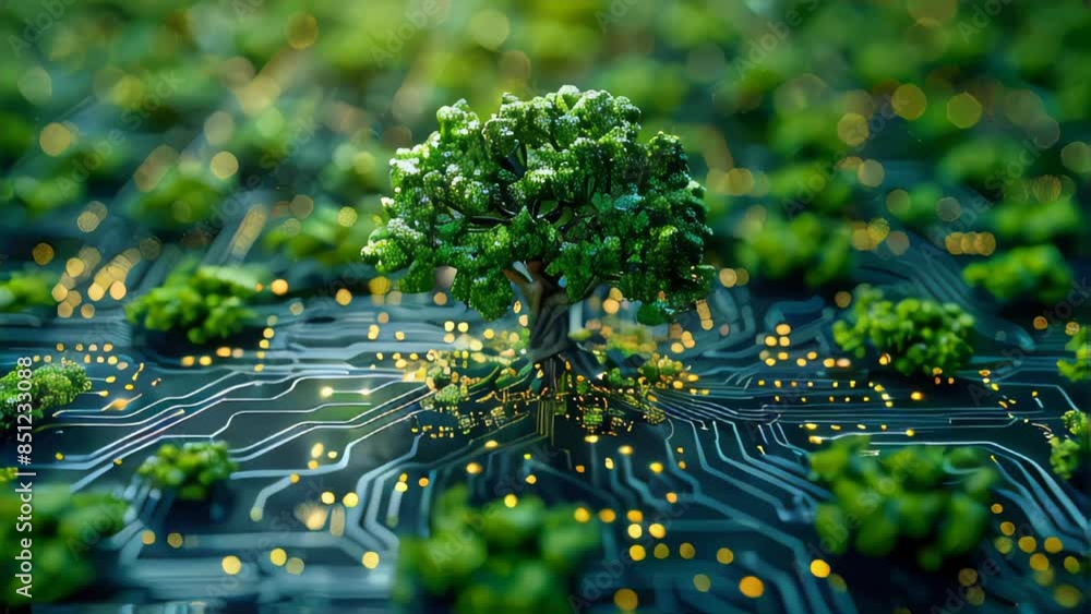 Poster green natural eco-friendly tree and computer technology on an abstract high-tech futuristic backgrou