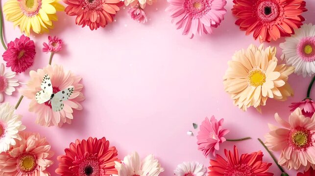 Frame of flowers with butterflies on pink background. Seamless looping time-lapse 4k video animation background