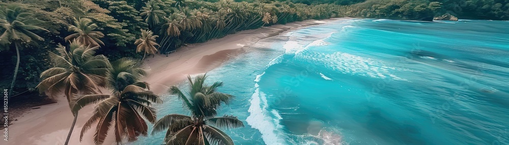 Wall mural Aerial view of a tropical beach with turquoise waters, palm trees, and lush greenery, perfect for a serene vacation getaway.