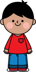 Illustration of a cute boy with black hair wearing a red sweater and long jeans standing and smiling