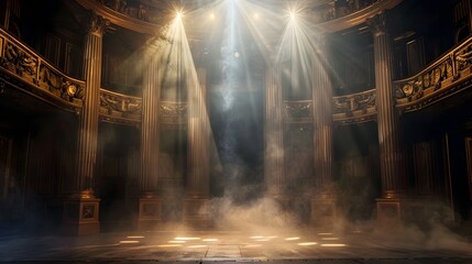Fototapeta premium Elegance and Grandeur of a Historic Theater Stage with Dramatic Lighting and Smoke