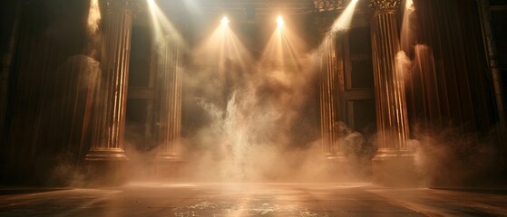 Naklejka premium Elegant and Ornate Historical Theater Stage with Captivating Smoke and Spotlights Shining on the Floor in a Dark Room