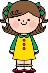 Illustration of a cute girl with short brown hair wearing a green-yellow dress standing and smiling.