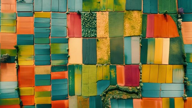 Drone view of a colorful patchwork of agricultural fields.