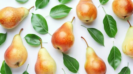 Fresh Pears with Green Leaves on White Background