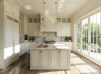Fototapeta premium An illustration of a kitchen with a large island and a marble backsplash