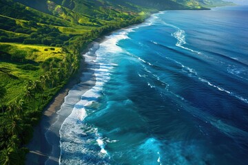 Fototapeta premium Aerial view of a beautiful coastline with lush greenery and vibrant blue waters, perfect for travel and nature enthusiasts.
