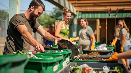 Volunteers at a community center sort organic waste into compost bins, fostering community and responsibility. - Powered by Adobe