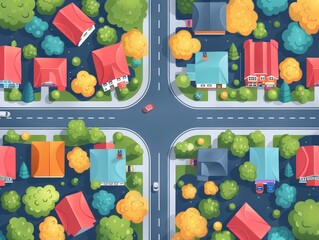 A cartoon drawing of a city street with houses and trees