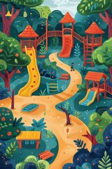 A cartoon drawing of a playground with a yellow slide and a red one