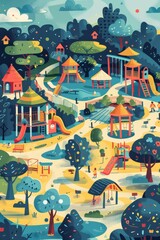 A colorful drawing of a park with a lot of trees and playgrounds