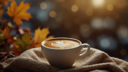 Cozy autumn weekend morning a cup of latte on silky fabric background.